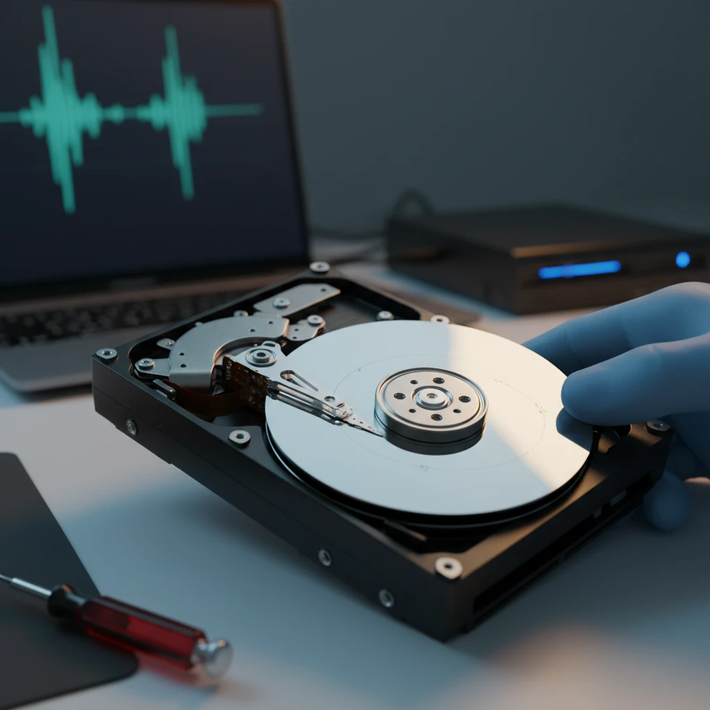 Close-up de HD aberto com cabeça de leitura sobre o prato, ilustrando barulho de clique no HD