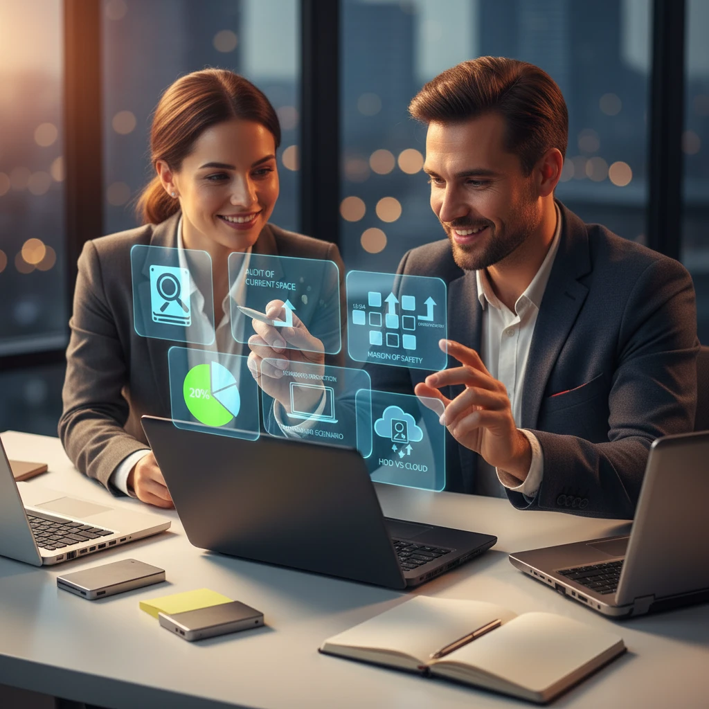 Consultor calculando necessidade de armazenamento com laptops, HD externo e hologramas de nuvem