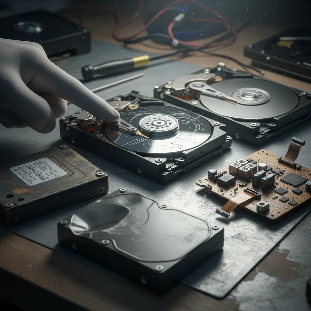 Várias unidades de HD mostrando causas de clique: cabeça danificada, queda, motor travado, placa defeituosa