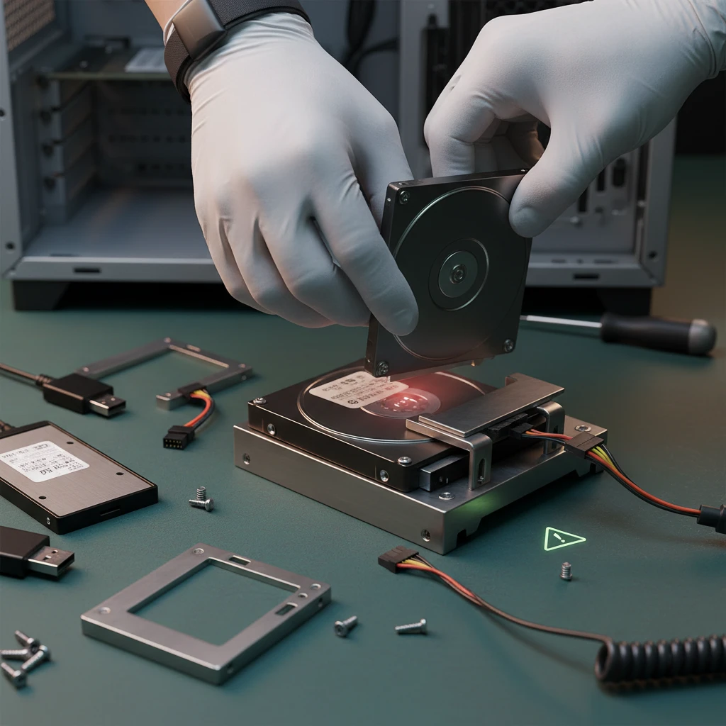 Técnico encaixando HD 2.5 em baía 3.5 com adaptador; conectores SATA e cabos 12V/5V visíveis