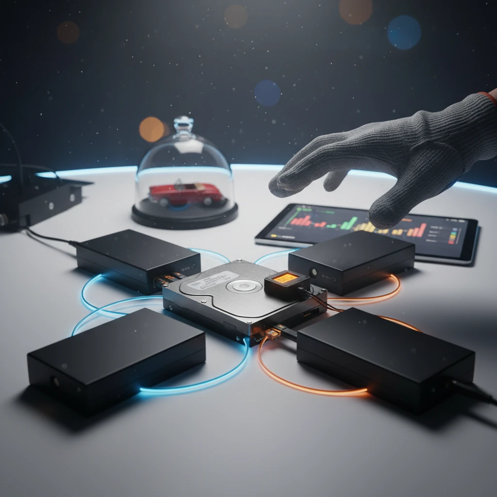 HD recondicionado com três backups externos e miniatura de carro sob cúpula — cuidados pós-compra