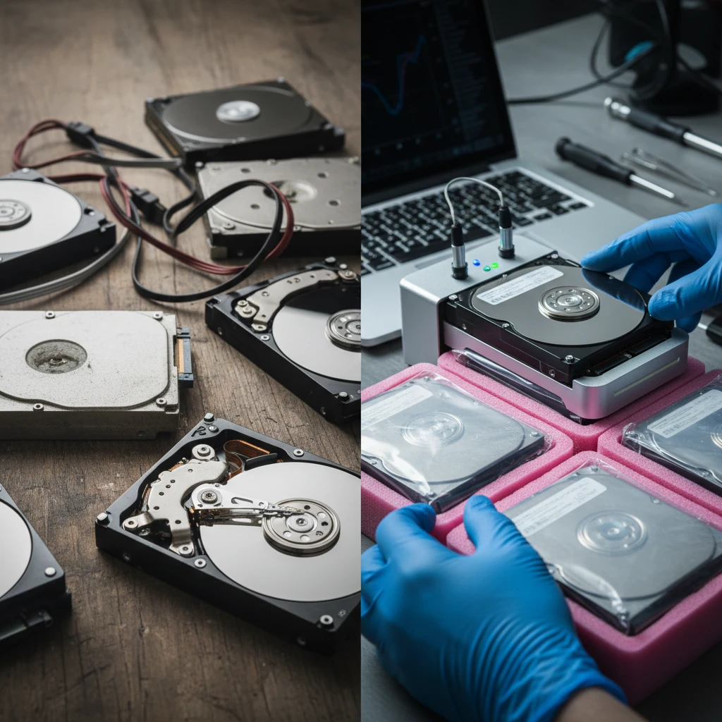 Comparação fotorealista entre HD usado e HD recondicionado, mostrando estado externo e processo