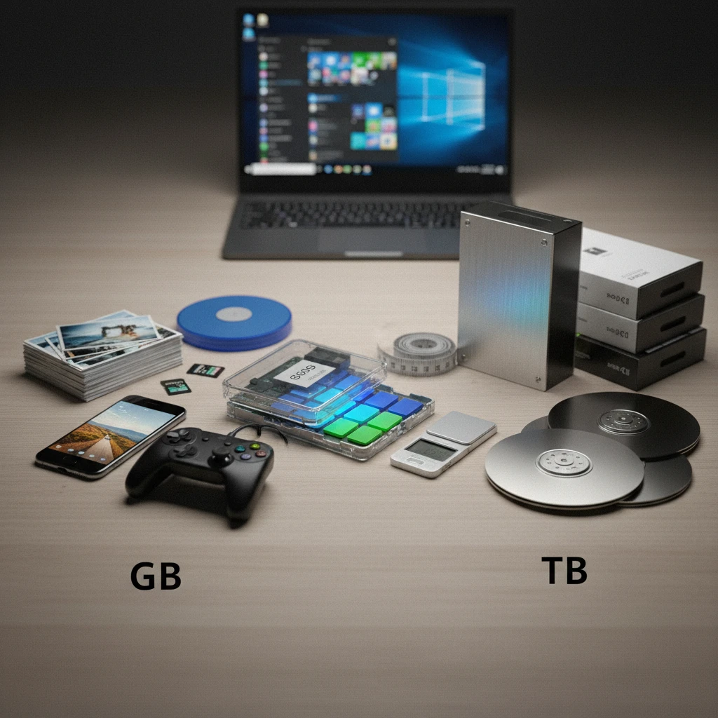 Comparação fotorealista entre GB e TB com discos, SSD e exemplos de arquivos — medidas de capacidade