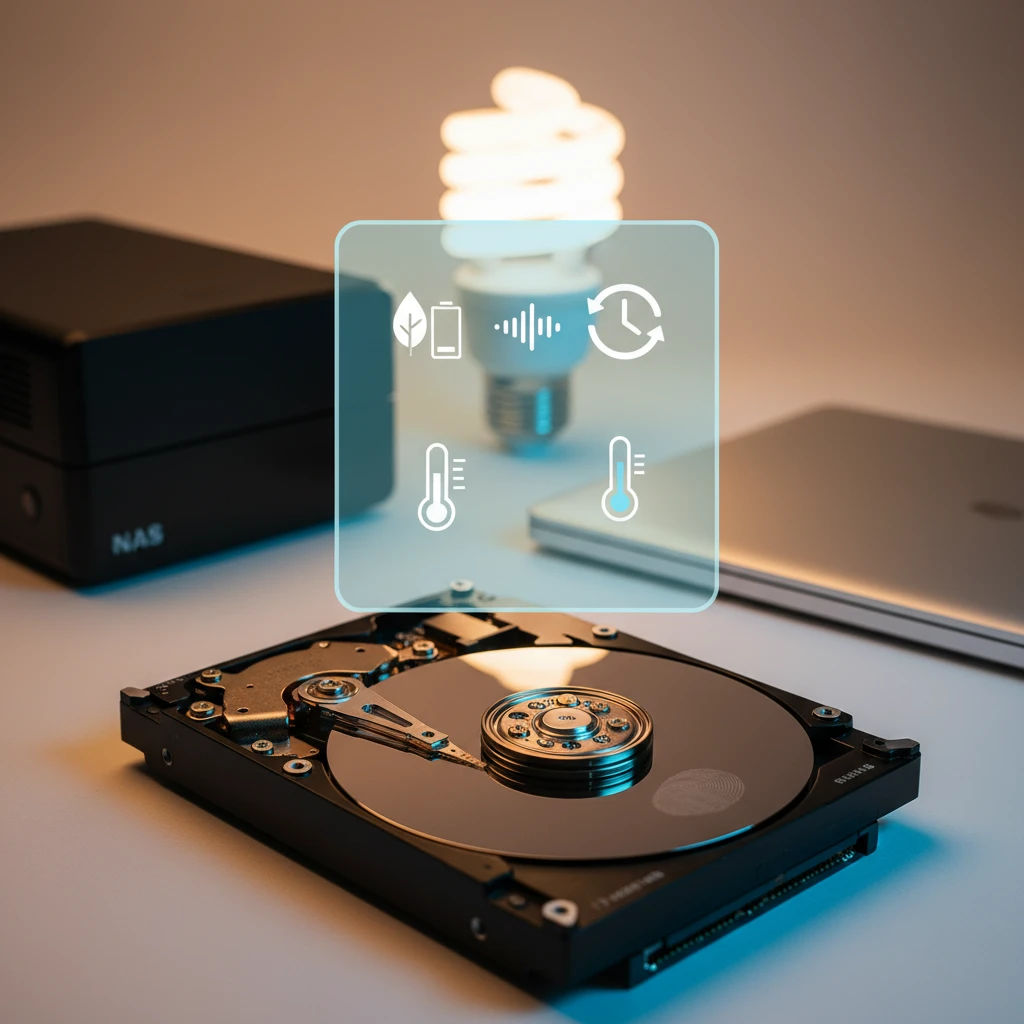 Close-up fotorealista de HD 5400 RPM em estúdio, mostrando pratos, placa e ícones de economia