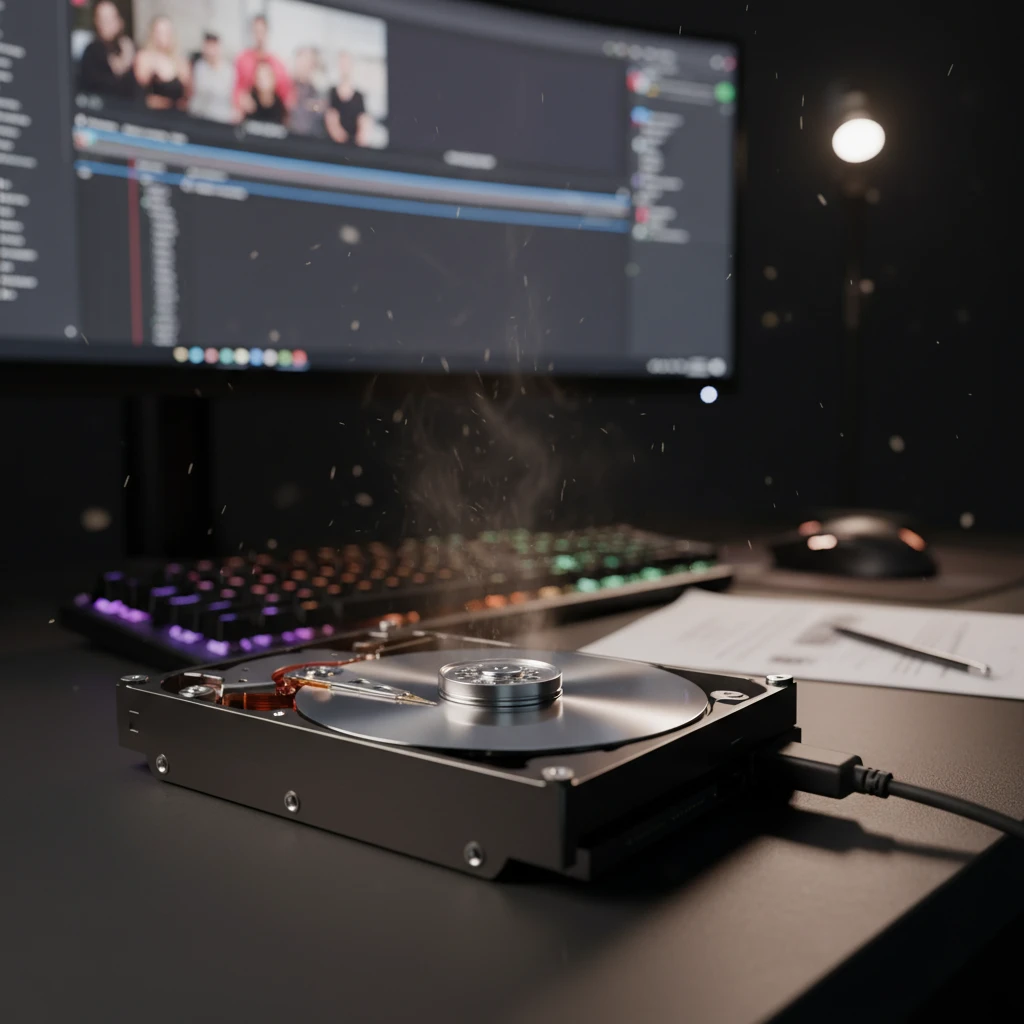 HD 7200 RPM: HDD aberto com prato girando, brilho térmico e workstation ao fundo