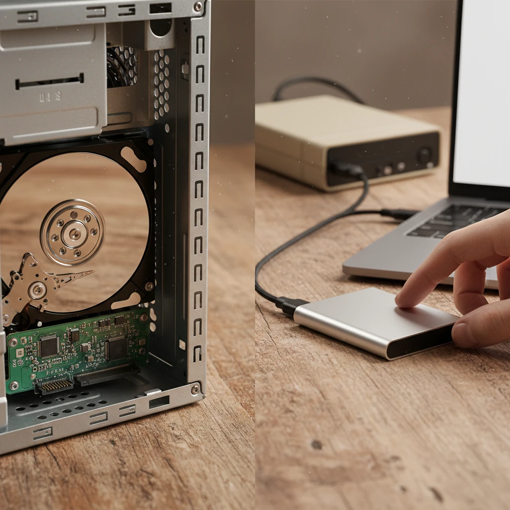 Close-up fotorealista de HD interno aberto e HD externo compacto lado a lado — HDs internos e externos
