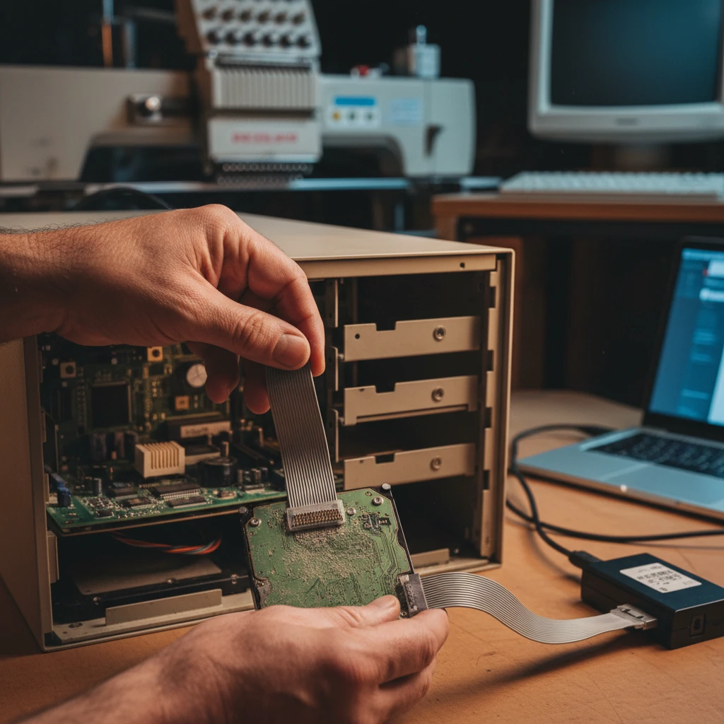 Mãos ajustando jumpers e conectando cabo flat em disco IDE (PATA) dentro de PC antigo