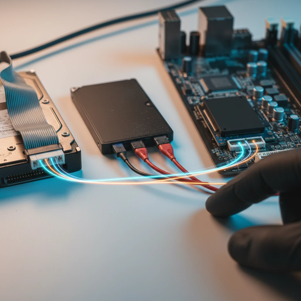 Close-up de HDs e conectores mostrando interfaces de HD e evolução (IDE, SATA, NVMe)