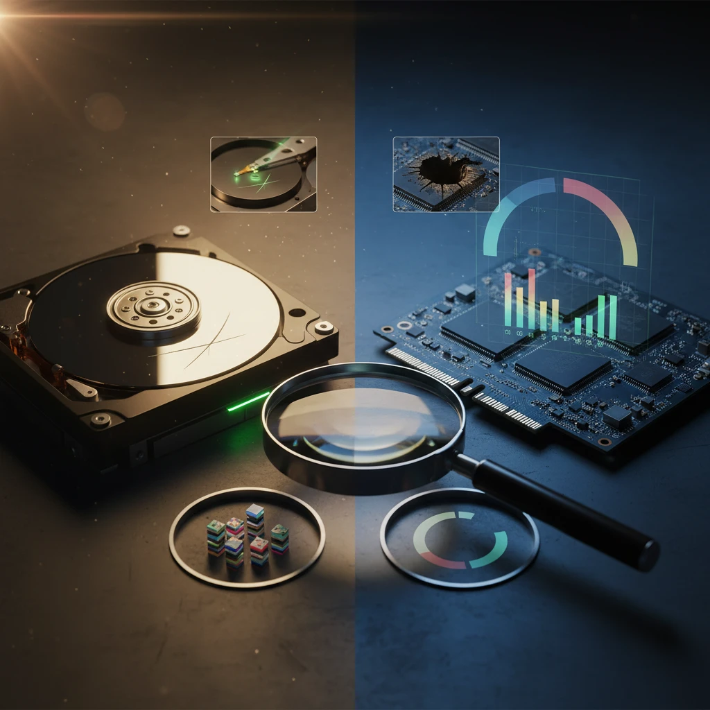 Comparação foto: HDD vs SSD com indicadores visuais e representação de erros SMART