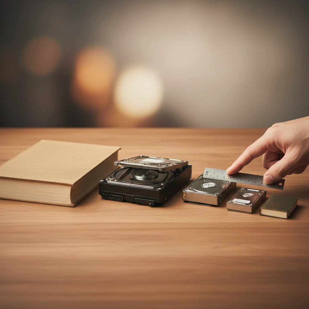 Mesa educativa com HDs 5.25, 3.5 e 2.5 ao lado de livros como analogia — o que são HDs