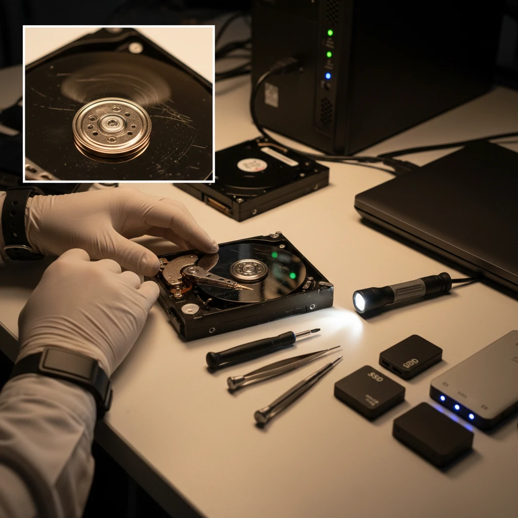 Técnico examinando HD aberto com agulha exposta e drives de backup 3-2-1 — primeiros socorros HDD