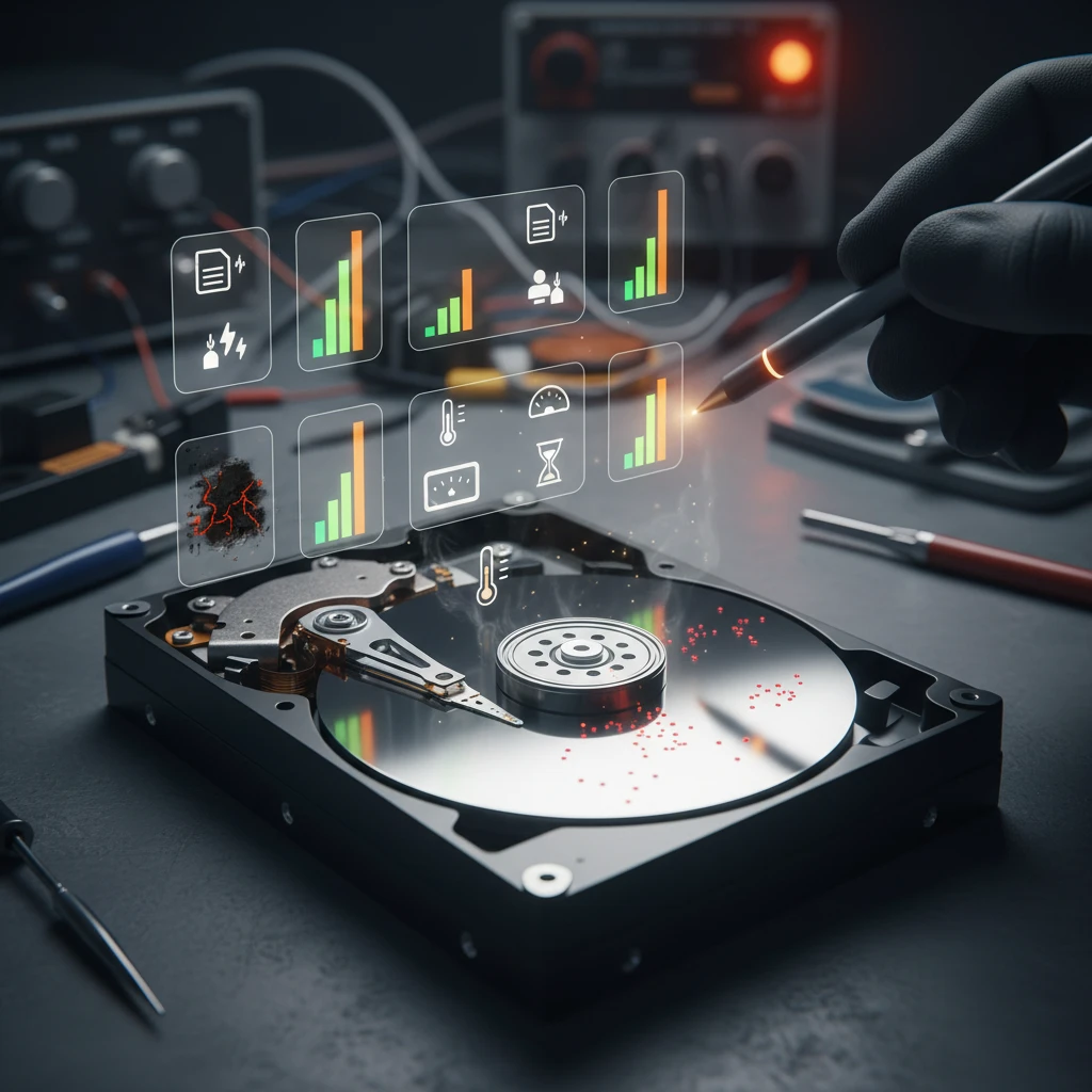 Close-up de HDD aberto com painéis holográficos mostrando atributos SMART do HD e níveis de perigo