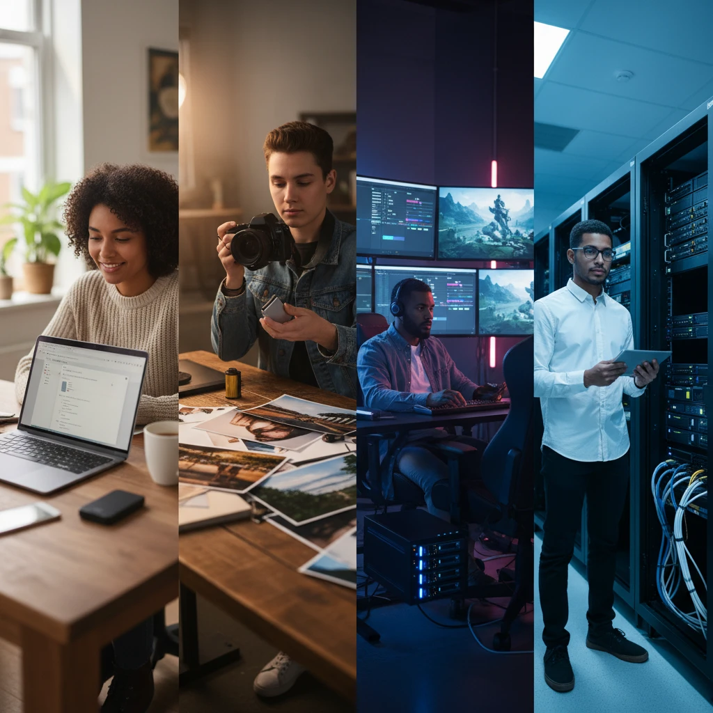 Quatro pessoas representando perfis de uso de armazenamento: básico, intermediário, avançado e profissional