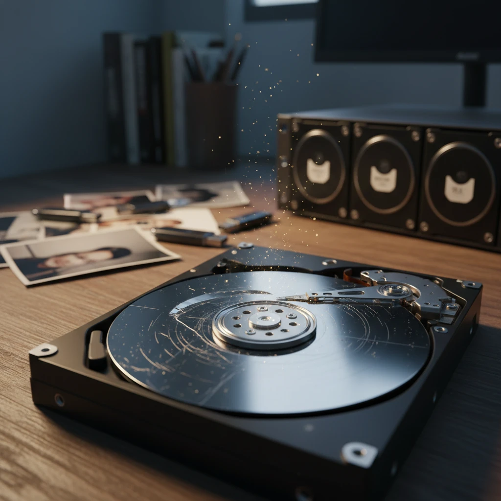 HD de segunda mão aberto com discos riscados e cabeça danificada, ilustrando risco de perda de dados — HDs de segunda mão