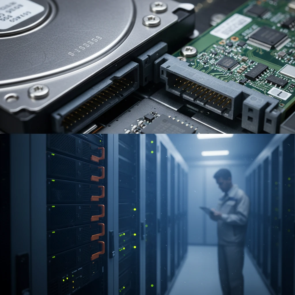 Close-up de unidade SAS e rack de servidores em data center — SAS enterprise