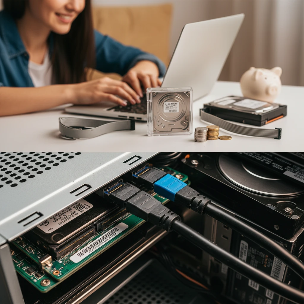 Discos SATA (SSD e HDD) conectados por cabos finos, destacando SATA como opção custo‑benefício