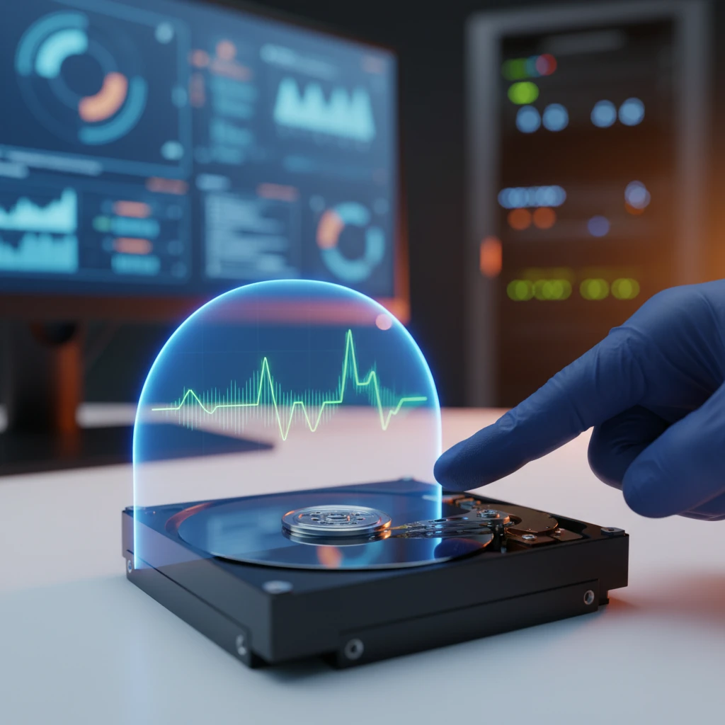 Técnico aponta para HD aberto com platôs visíveis e tela com gráficos borrados, simbolizando tecnologia SMART