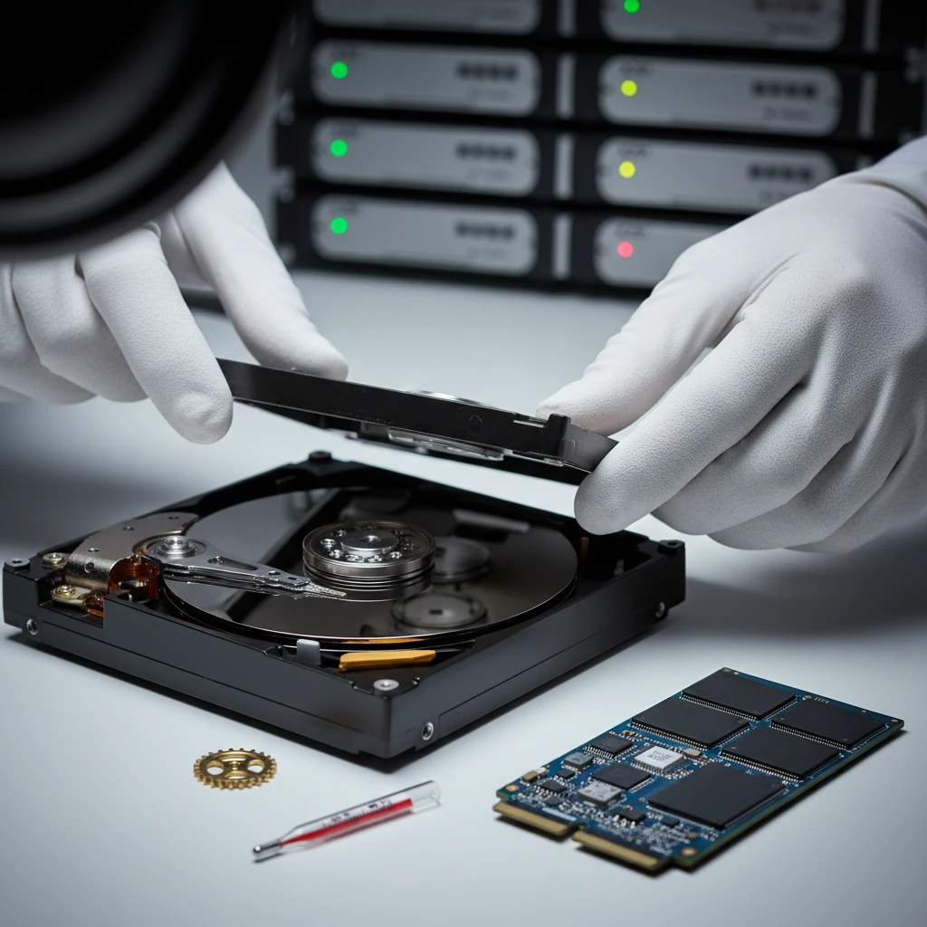 Mãos abrindo HD mecânico com SSD ao lado — vida útil de um HD, fatores internos e externos